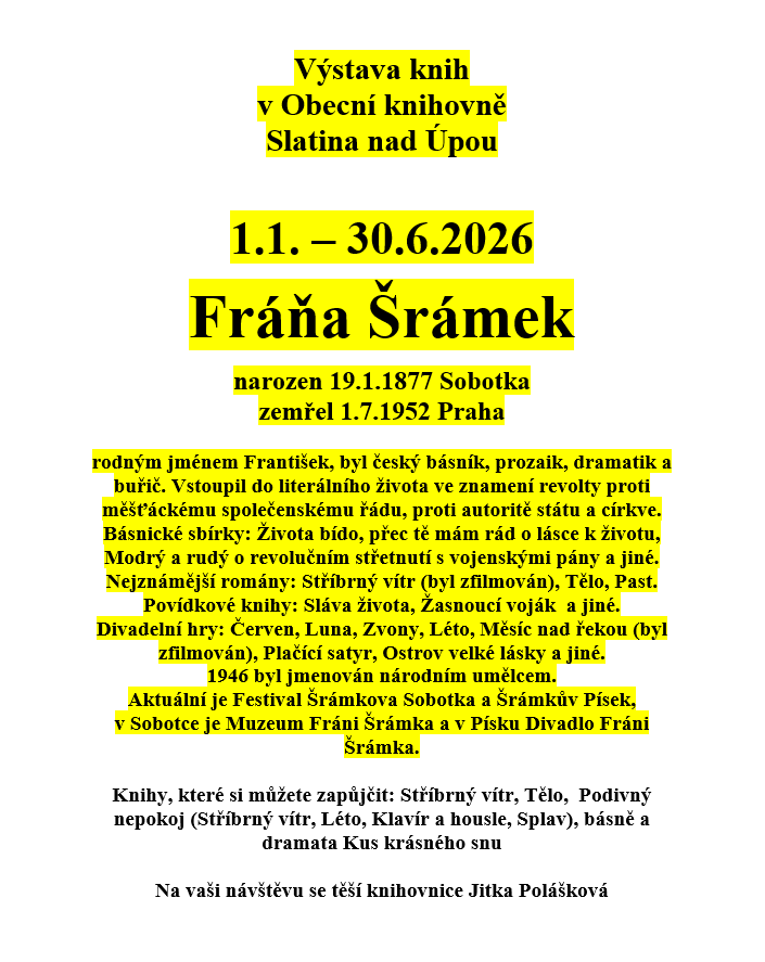 Výstava knih 1.1.-30.6.26 Fráňa Šrámek